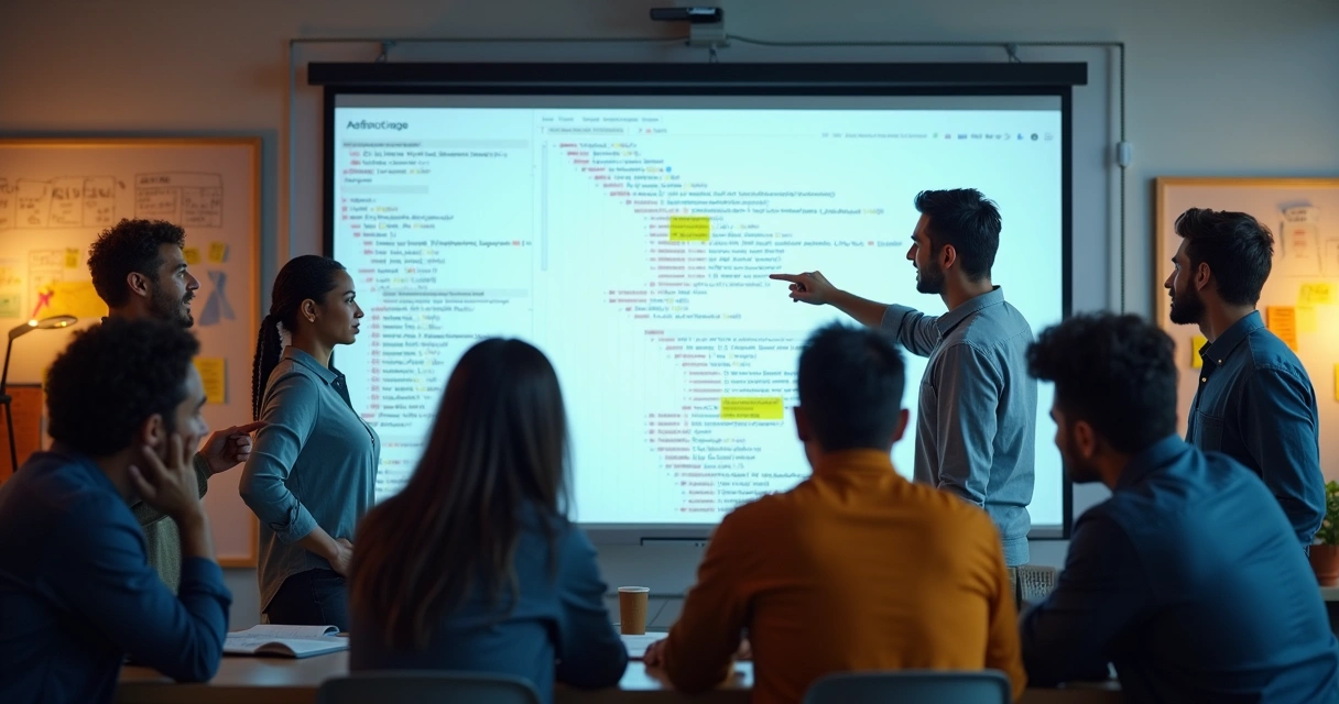Product team reviewing code on a big screen and planning refactoring.