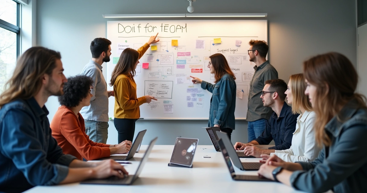 Equipe de design e dev reunida em frente a um quadro com fluxos e protótipos digitais
