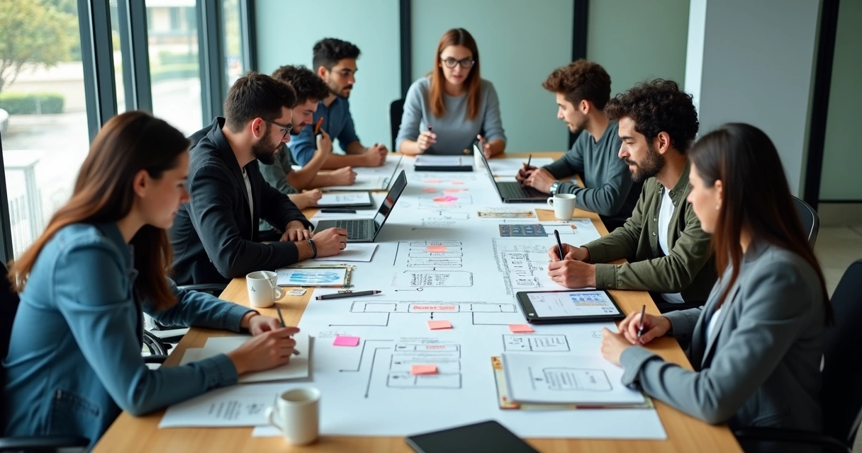 Equipe de desenvolvimento reunida planejando workflow de API em um escritório iluminado