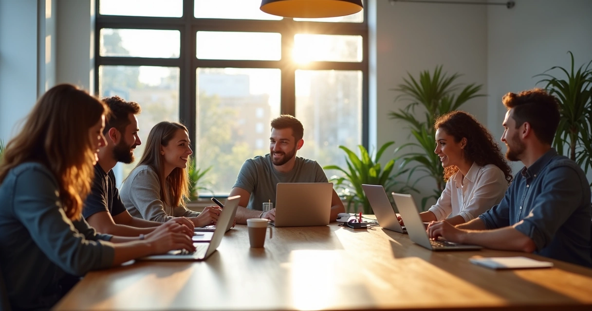 Equipe de tecnologia sentada em volta de uma mesa colaborando em uma reunião informal