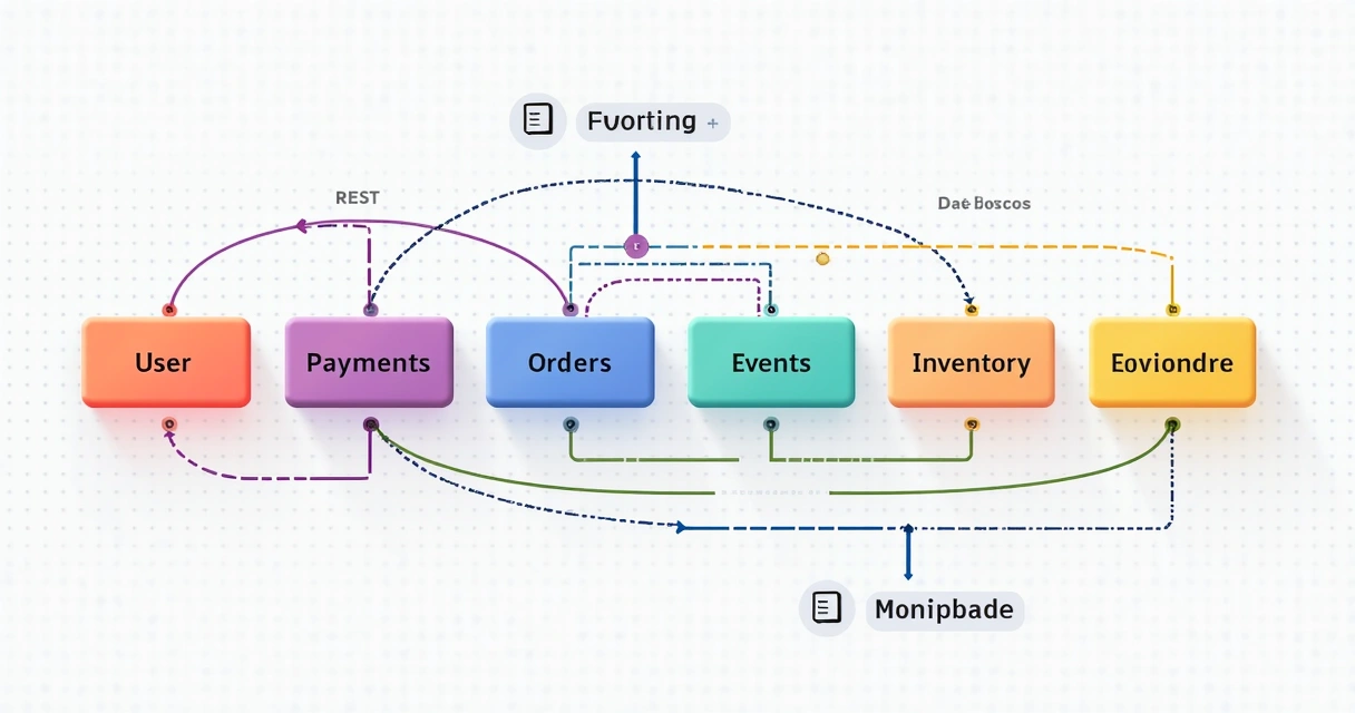 Diagrama ilustrando microserviços interligados por diferentes canais de comunicação