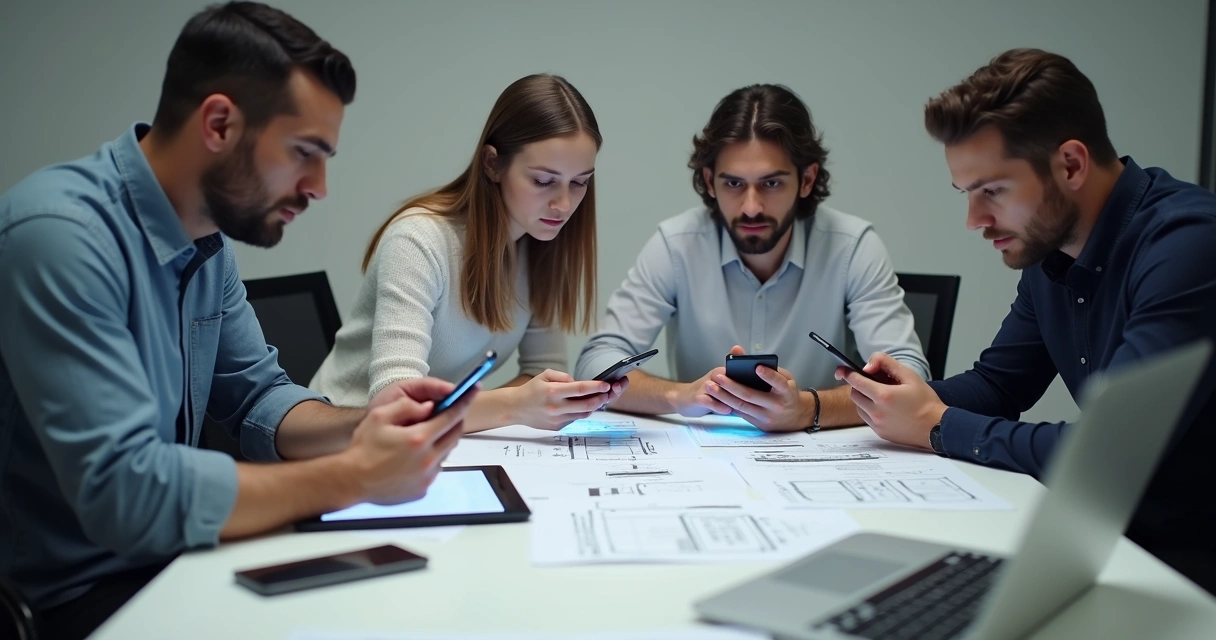 Equipe testando aplicativo em celulares, tablets e notebook