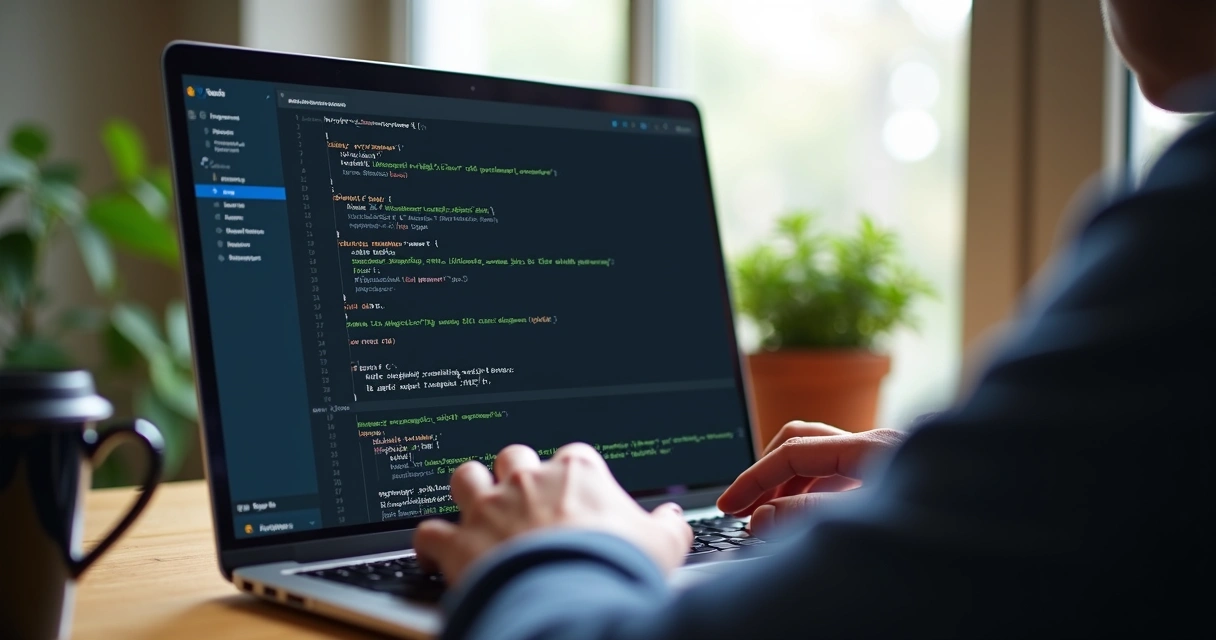 Desenvolvedor testando aplicações em contêineres no notebook com múltiplos serviços