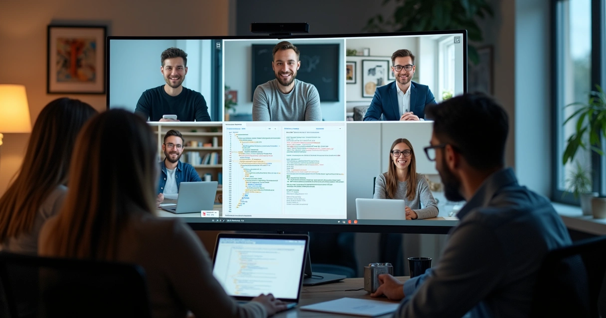 Equipe em reunião virtual discutindo e registrando decisão técnica