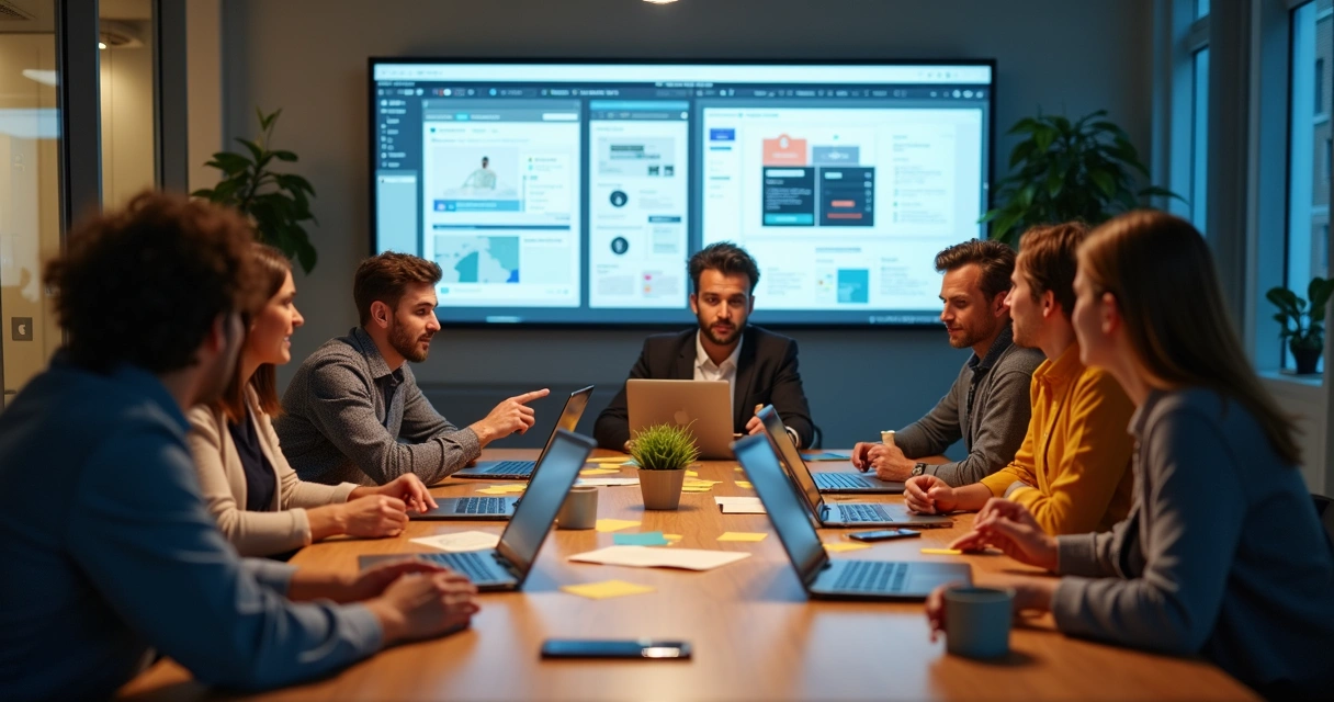 Equipe de startup analisando feedbacks de usuários em telas de aplicativos em mesa de trabalho