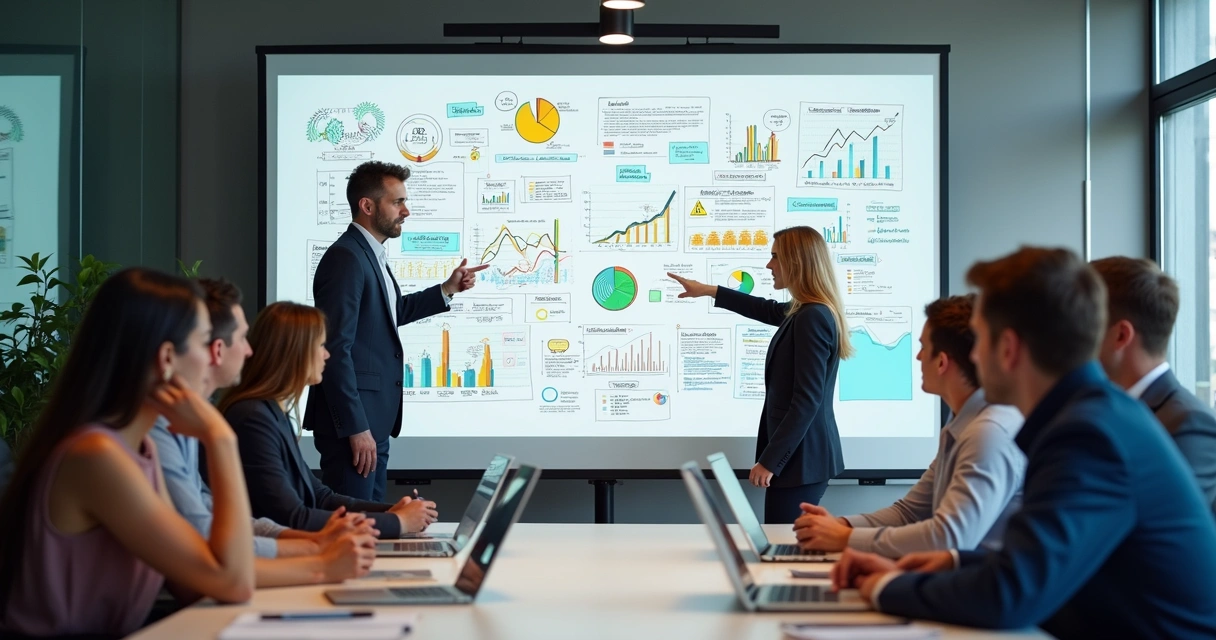 Equipe analisa quadro branco com KPIs SaaS desenhados