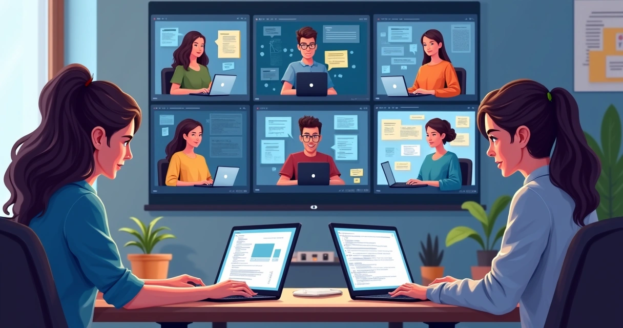 Mentores e mentorados em reunião online discutindo tecnologia