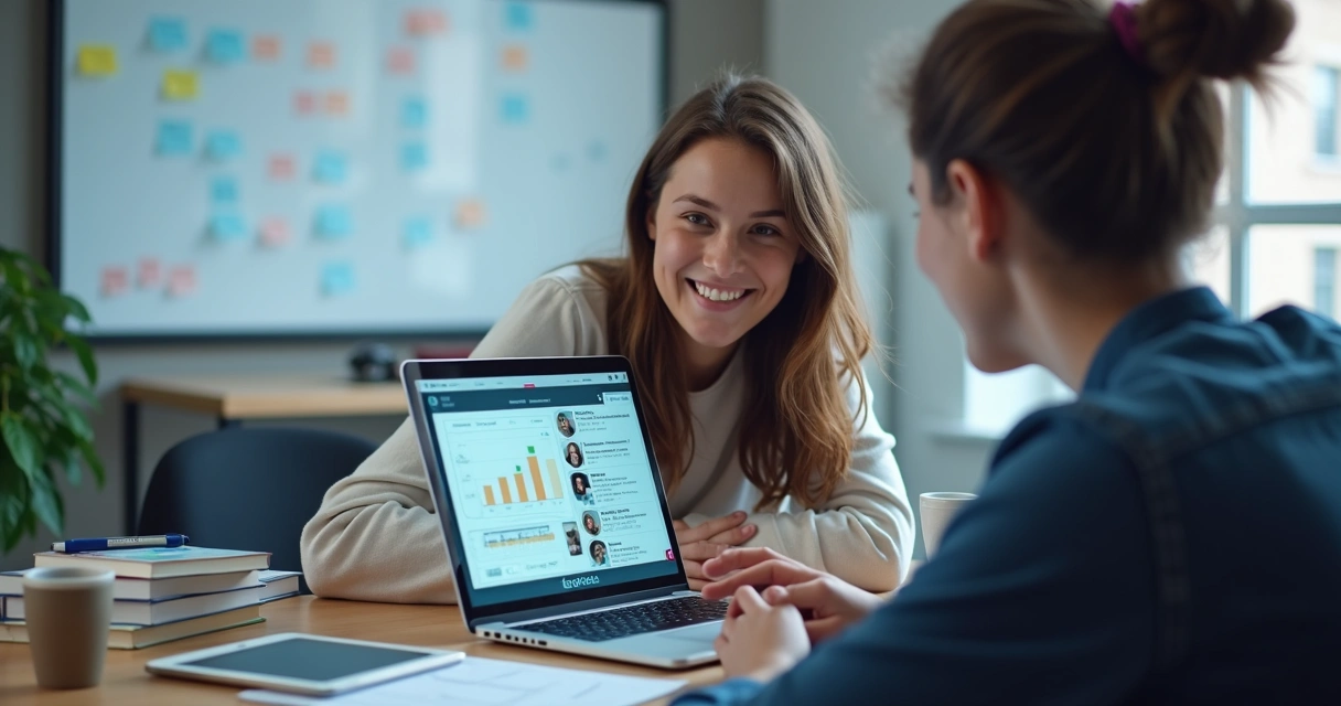 Mentorado desenvolvendo projeto digital com mentor acompanhando online