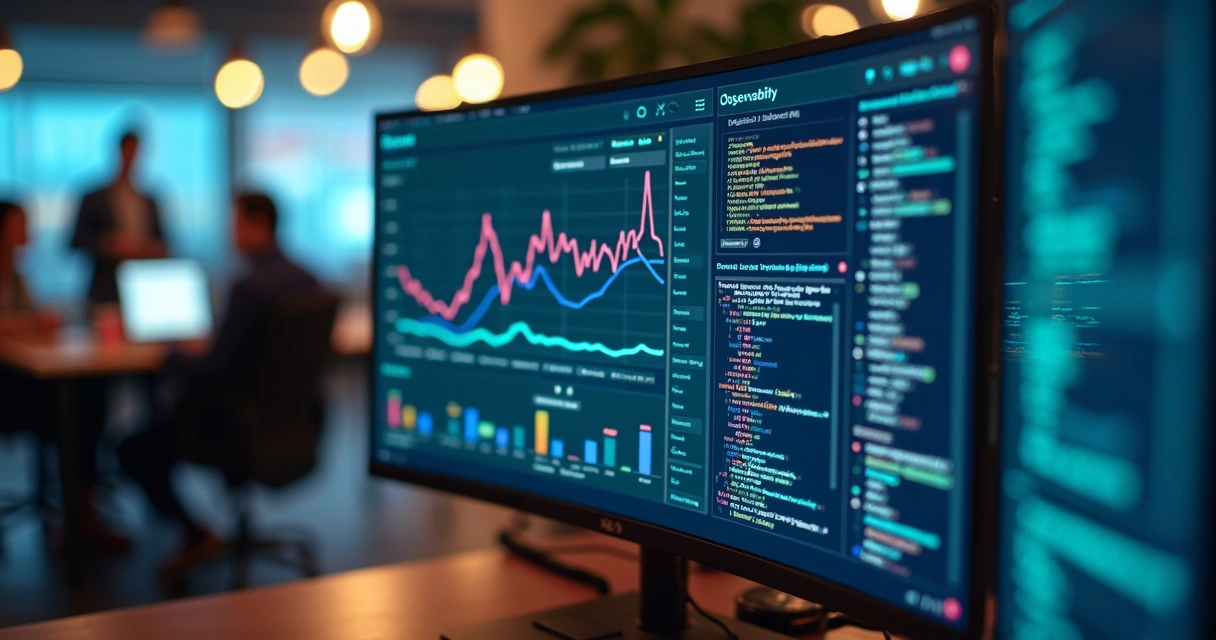 Tela com painel de observabilidade mostrando métricas, logs e traces integrados