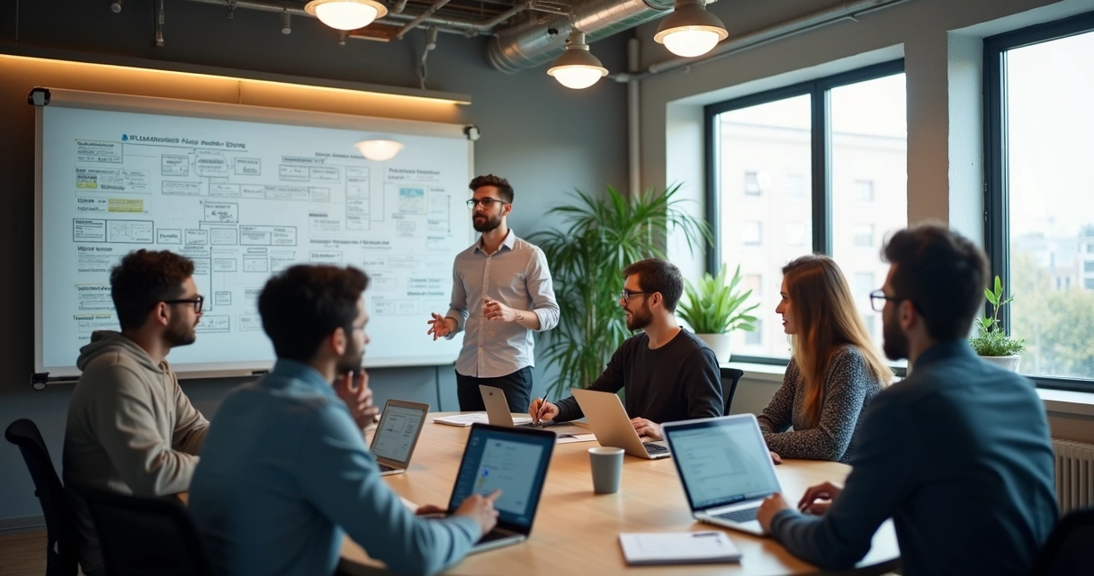 Desenvolvedores em reunião de onboarding, olhando para tela com fluxogramas e tarefas