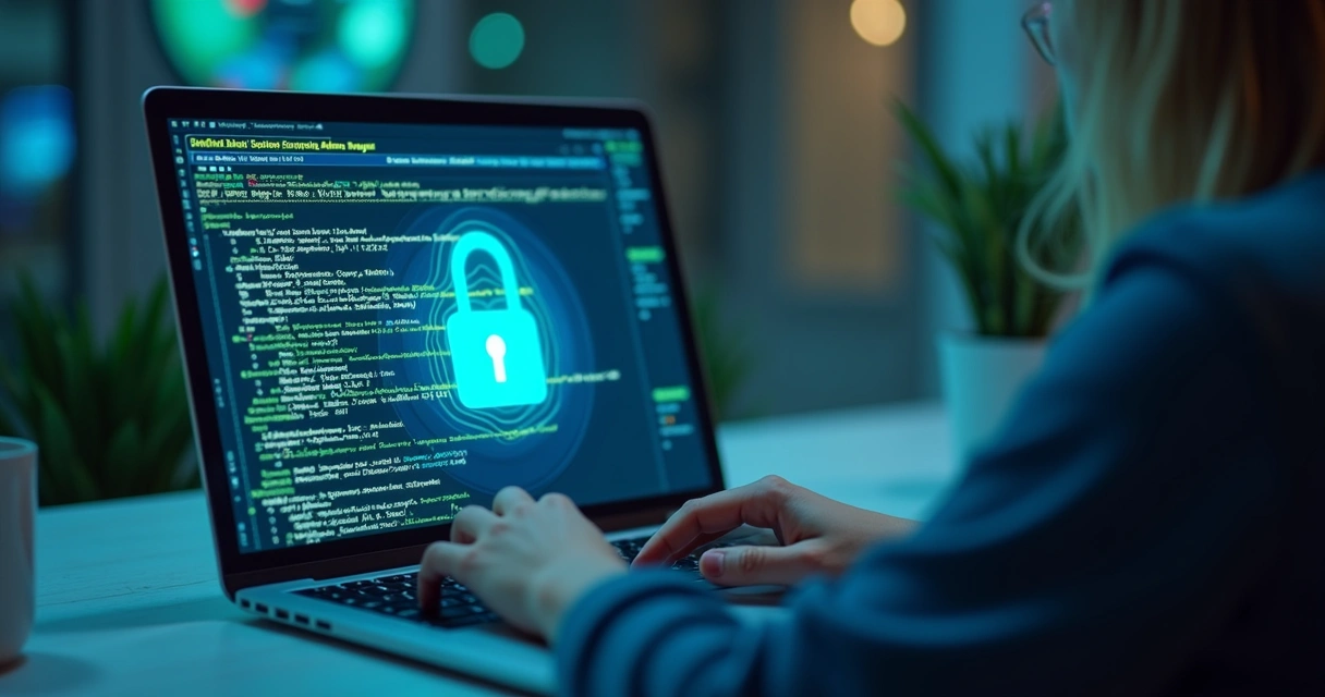 Pessoa usando computador com cadeado e códigos de segurança na tela
