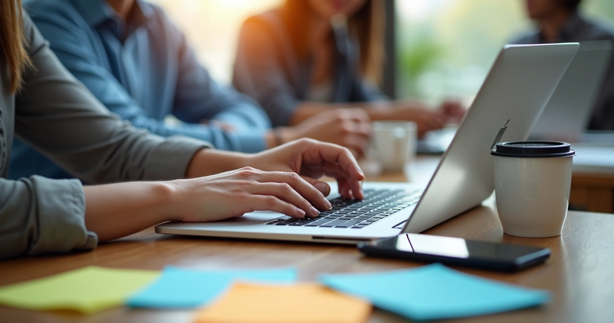 Profissional enviando feedback digital para colega em plataforma colaborativa