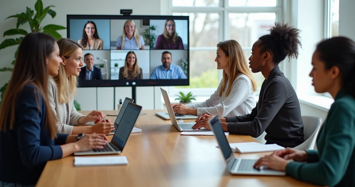 Equipe remota reunida em videoconferência com computadores e tablets sobre a mesa