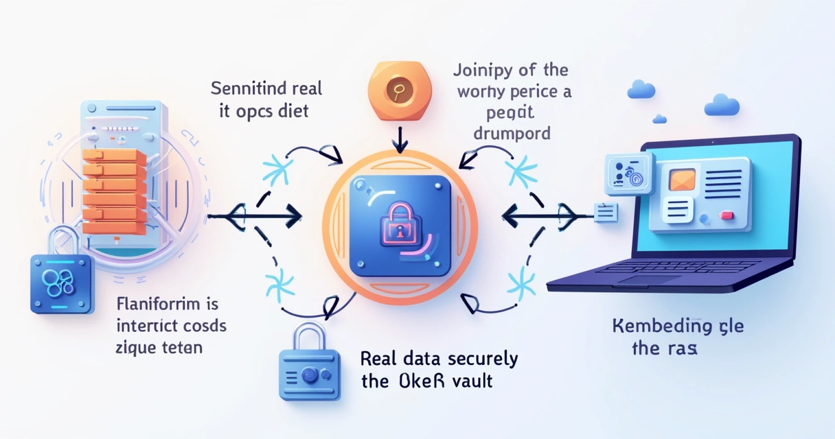 Fluxo do processo de tokenização em SaaS, com dados reais entrando, sendo substituídos por tokens e armazenados separadamente.