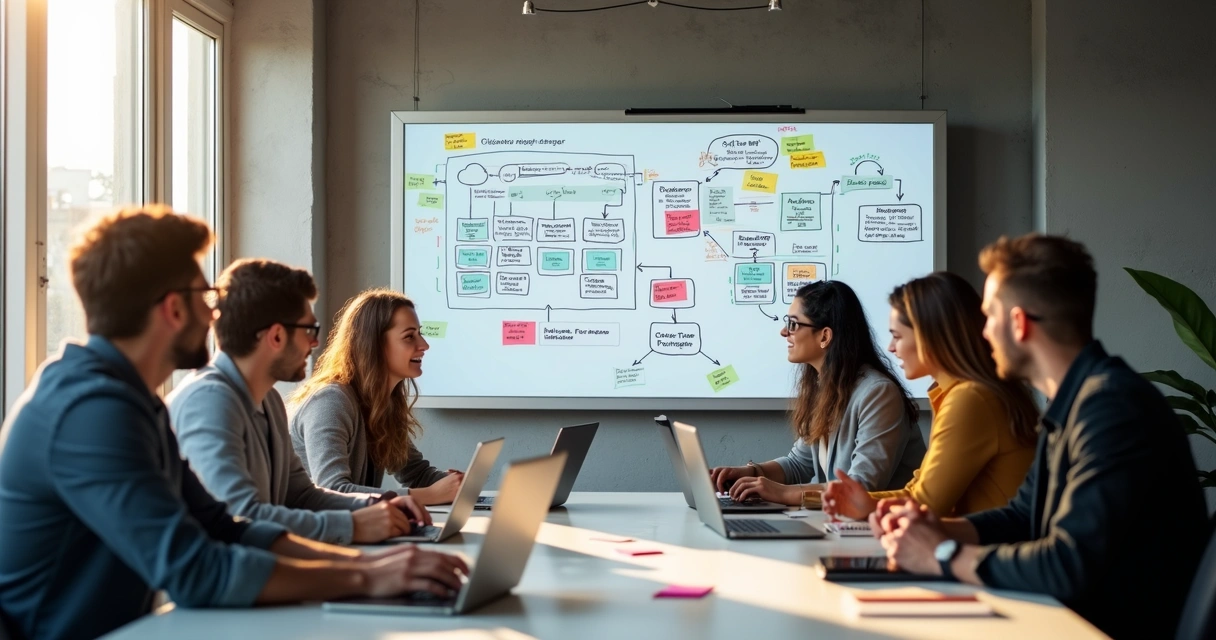 Equipe de startup planejando arquitetura serverless em um quadro branco