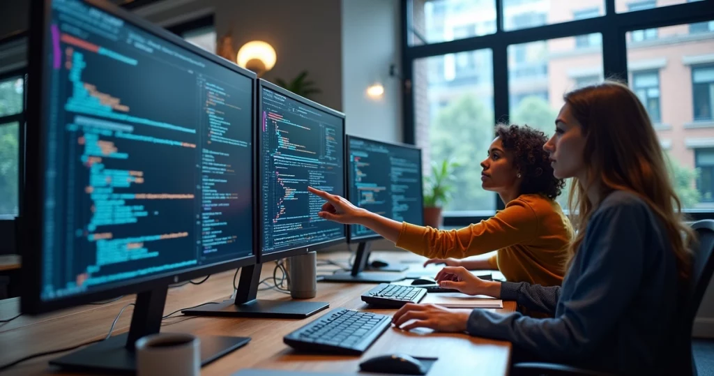 Tech team collaborating around multiple computer screens with DevOps workflows and code pipelines