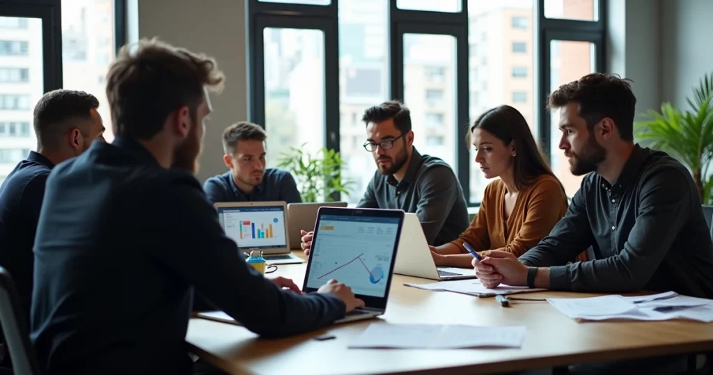 Business team analyzing digital product scaling errors on laptop screens in a modern office