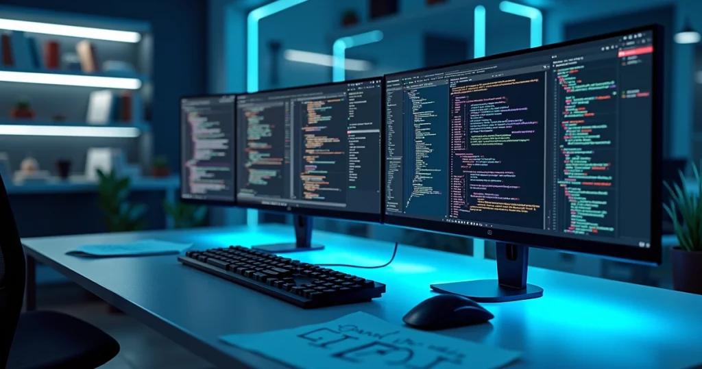 High-resolution close-up of a modern workspace with multiple monitors displaying coding languages and tech architecture diagrams