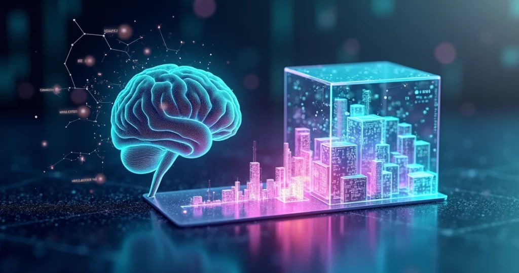Artificial intelligence and synthetic data represented as digital interfaces with futuristic data streams and technology symbols