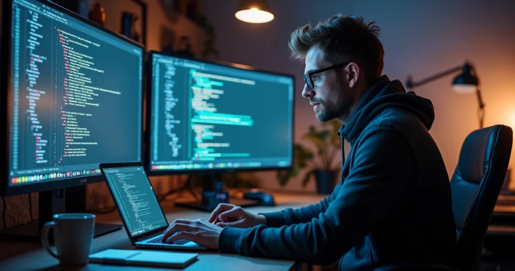 Software developer reviewing complex code on multiple monitors with debug tools open