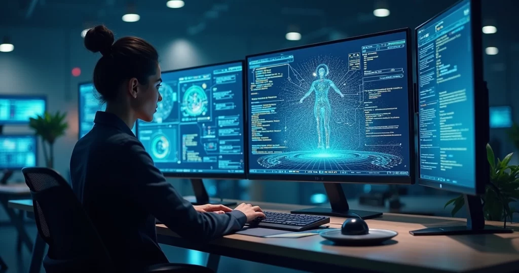 Developer programming API integration on multiple screens with futuristic digital interface