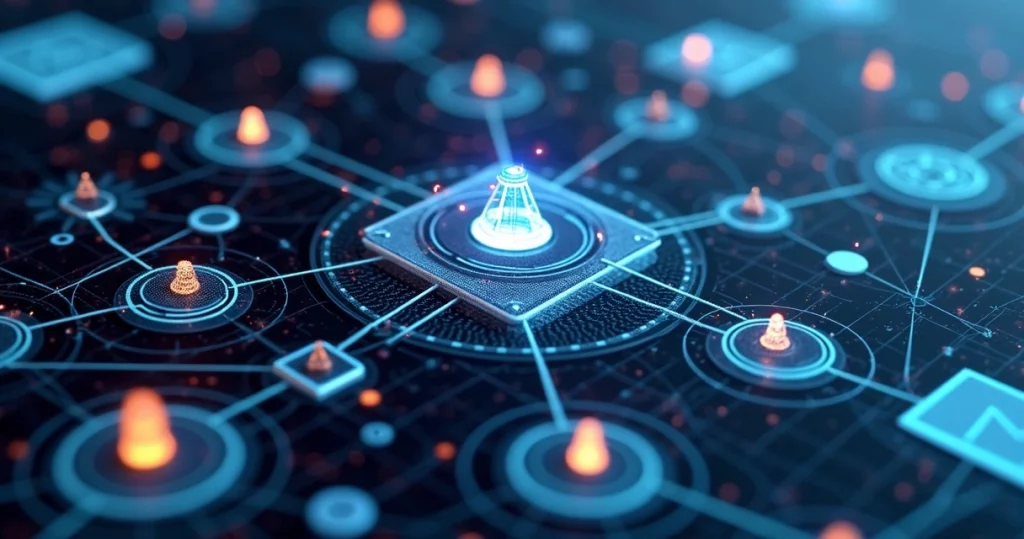 Ultra-detailed 3D dashboard of microservices architecture with interconnected nodes and digital data flow