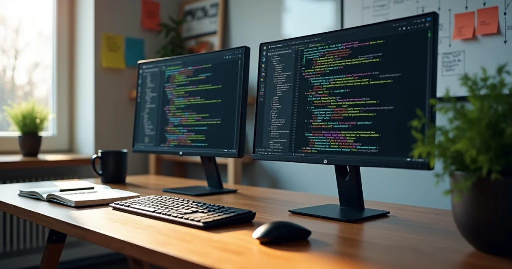 Developer workspace with dual monitors showing code and automated testing scripts