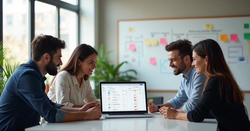 Team of four professionals collaborating over a digital backlog on a laptop in a modern office