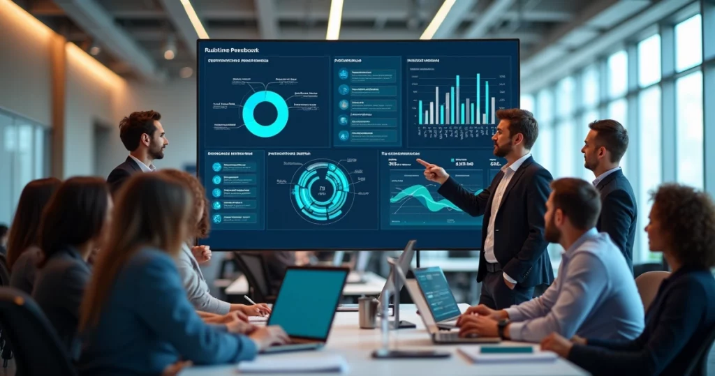 Developers collaborating around a high-tech performance dashboard screen displaying graphs and metrics
