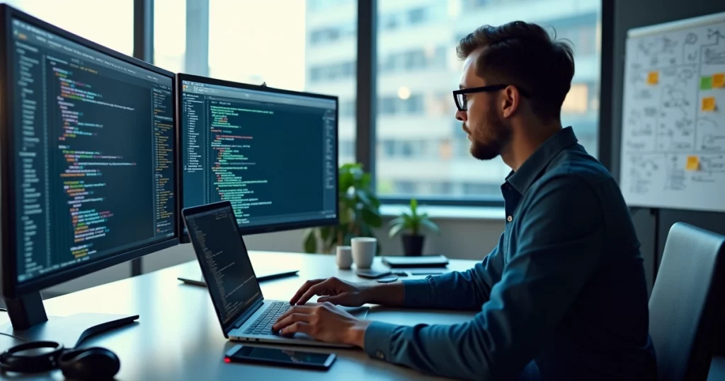 Developer coding on laptop with multiple front-end test scripts and automation workflow on dual monitors
