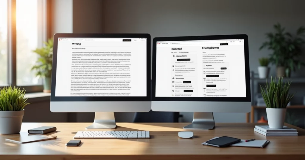 Workspace with computer screens showing UX writing and UI copy examples side by side