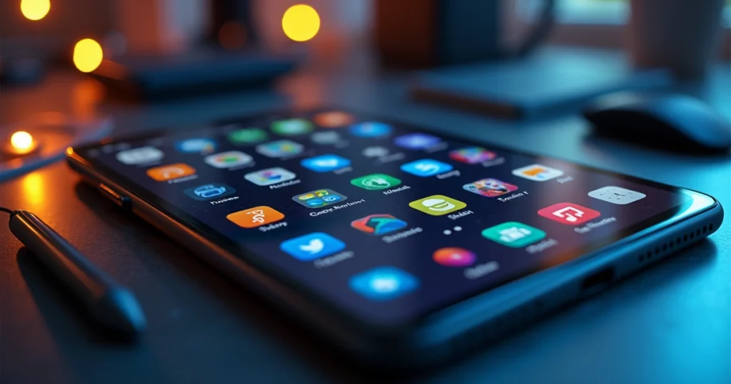 Digital device screen displaying a dark mode user interface with vibrant icons and clear typography on a dark background