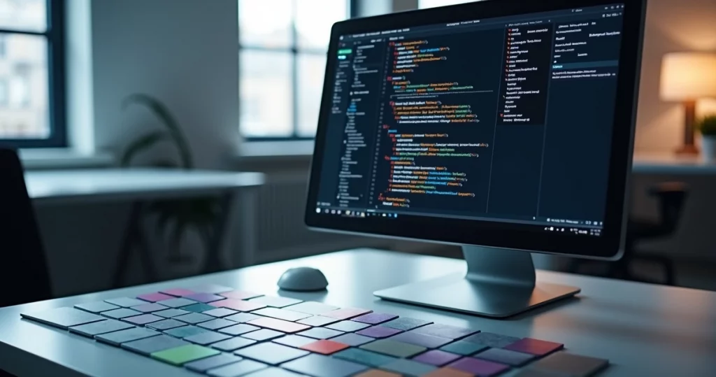 Close-up of a digital workspace with code, color swatches, and UI elements organized to represent design tokens and visual standards