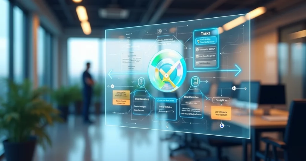 Digital workflow diagram with BPMN symbols on a modern transparent screen in an office setting