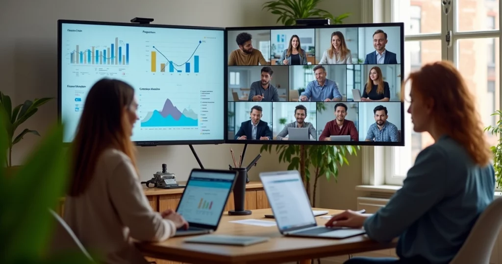 Remote team working together on laptops during a virtual meeting with charts on screens