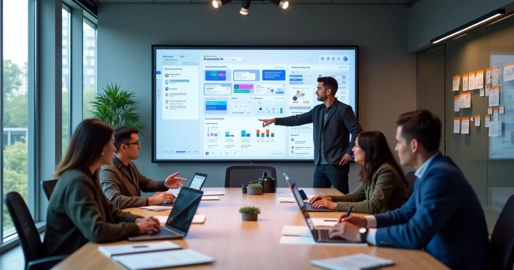 Multidisciplinary tech team collaborating around digital design system dashboards