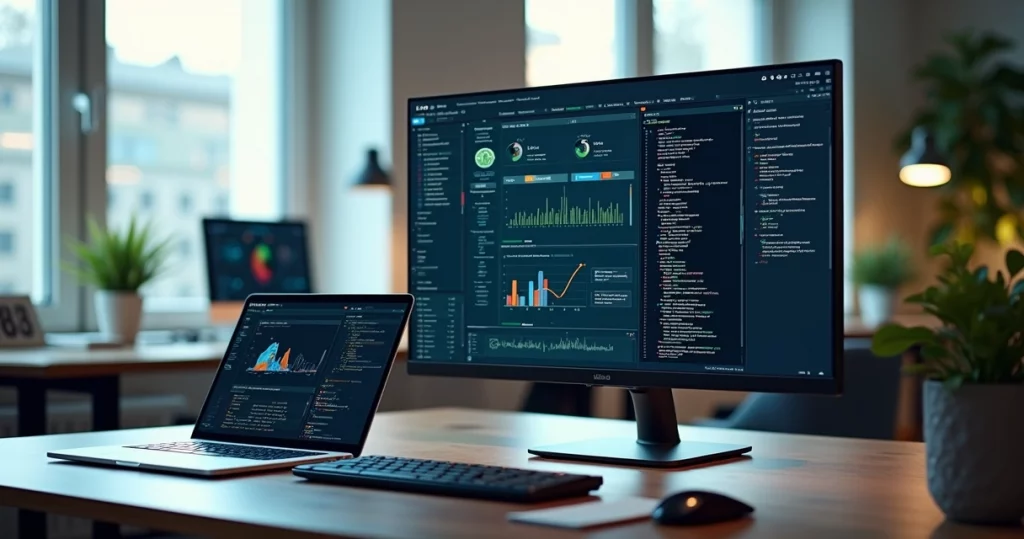 Developer comparing low-code interface and traditional code editor on split screen