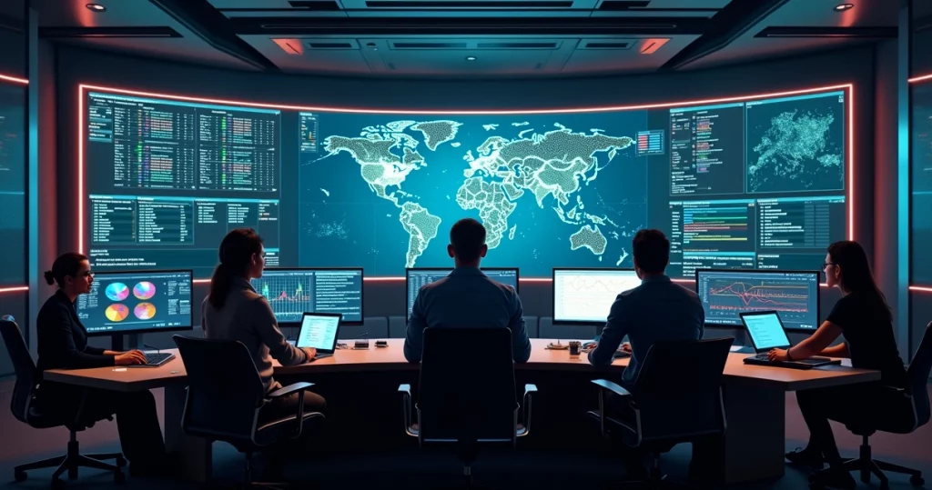 Engineering team monitoring observability dashboards in a futuristic control room