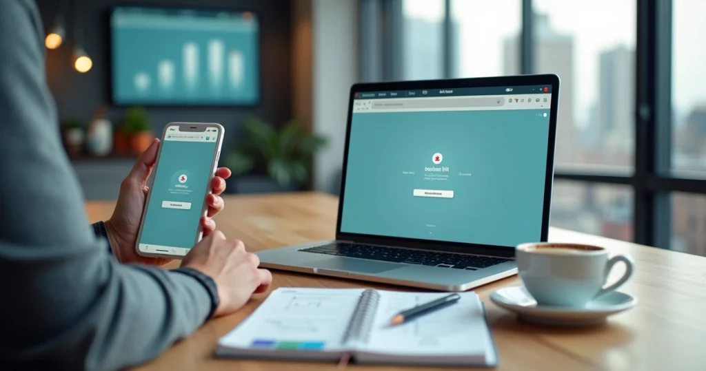 Designer comparing progressive web app on smartphone and laptop