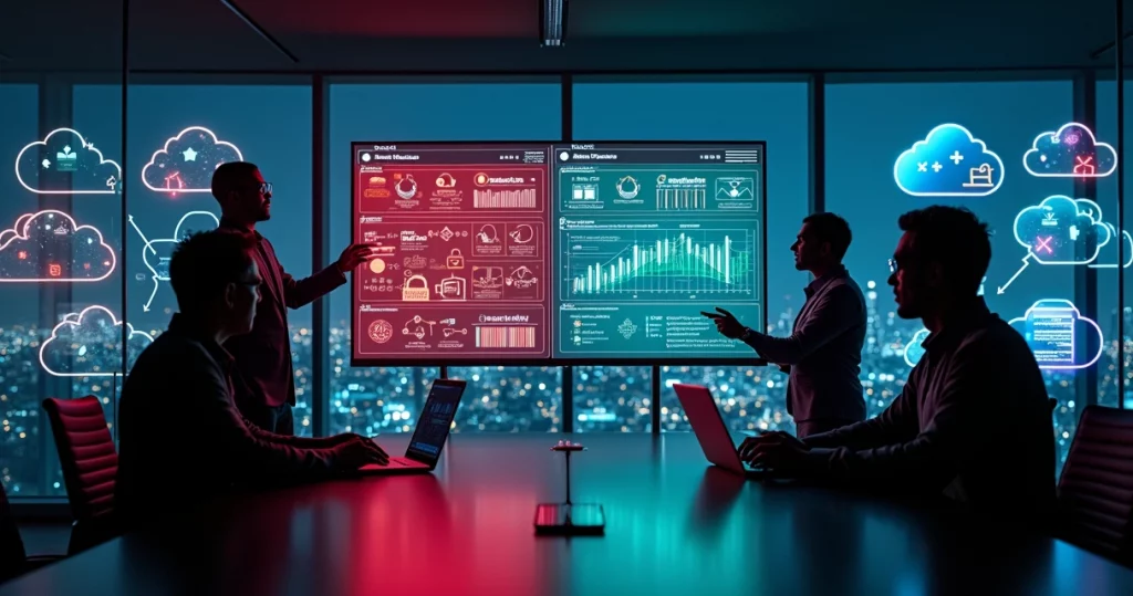 Team analyzing cloud migration strategy with conflicting diagrams on screen