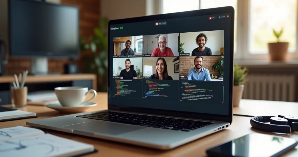 Online tech mentor guiding diverse professionals in a video call