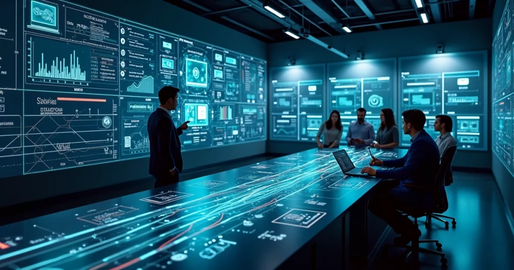 Abstract representation of complex system integration with smooth data flow and resolved bottlenecks