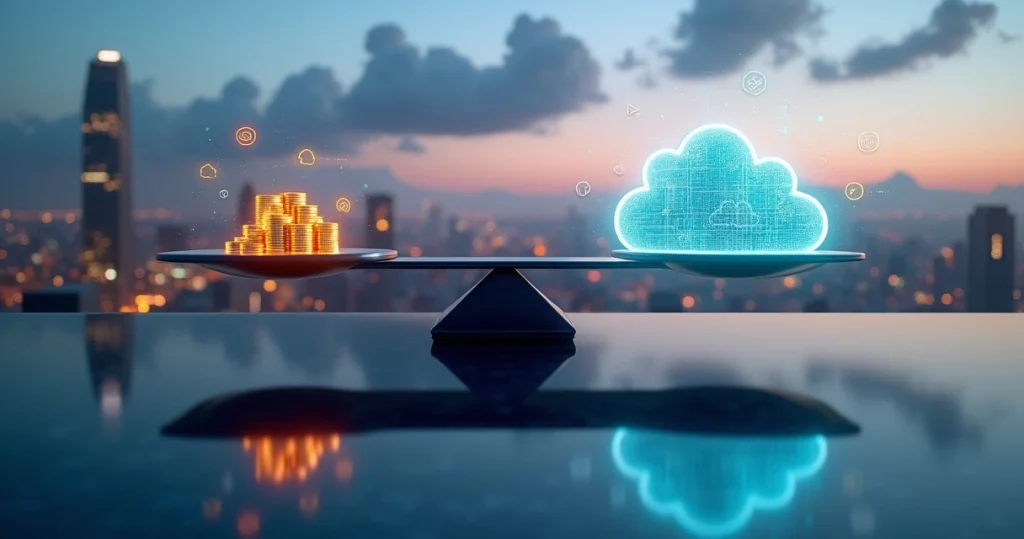 City skyline above reflecting pool where clouds and currency symbols appear balanced on a scale