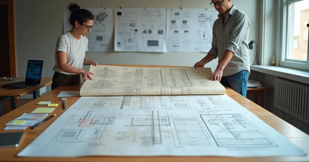 Architect unfolding layered digital blueprint with old and new interface pieces