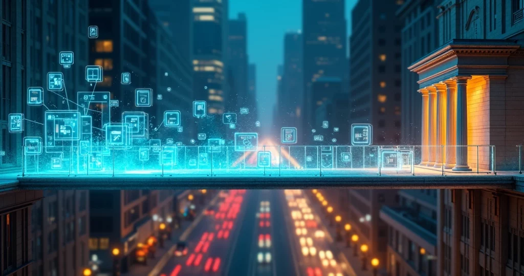 Suspended digital bridge linking fintech icons to a traditional bank in a night cityscape