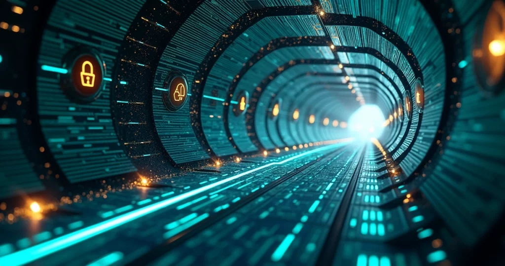 Abstract pipeline tunnel made of code and security shields