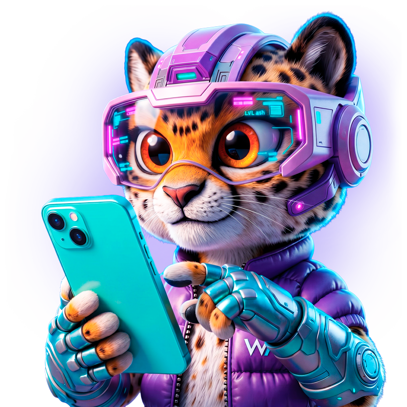 Mascote WeeUp usando celular